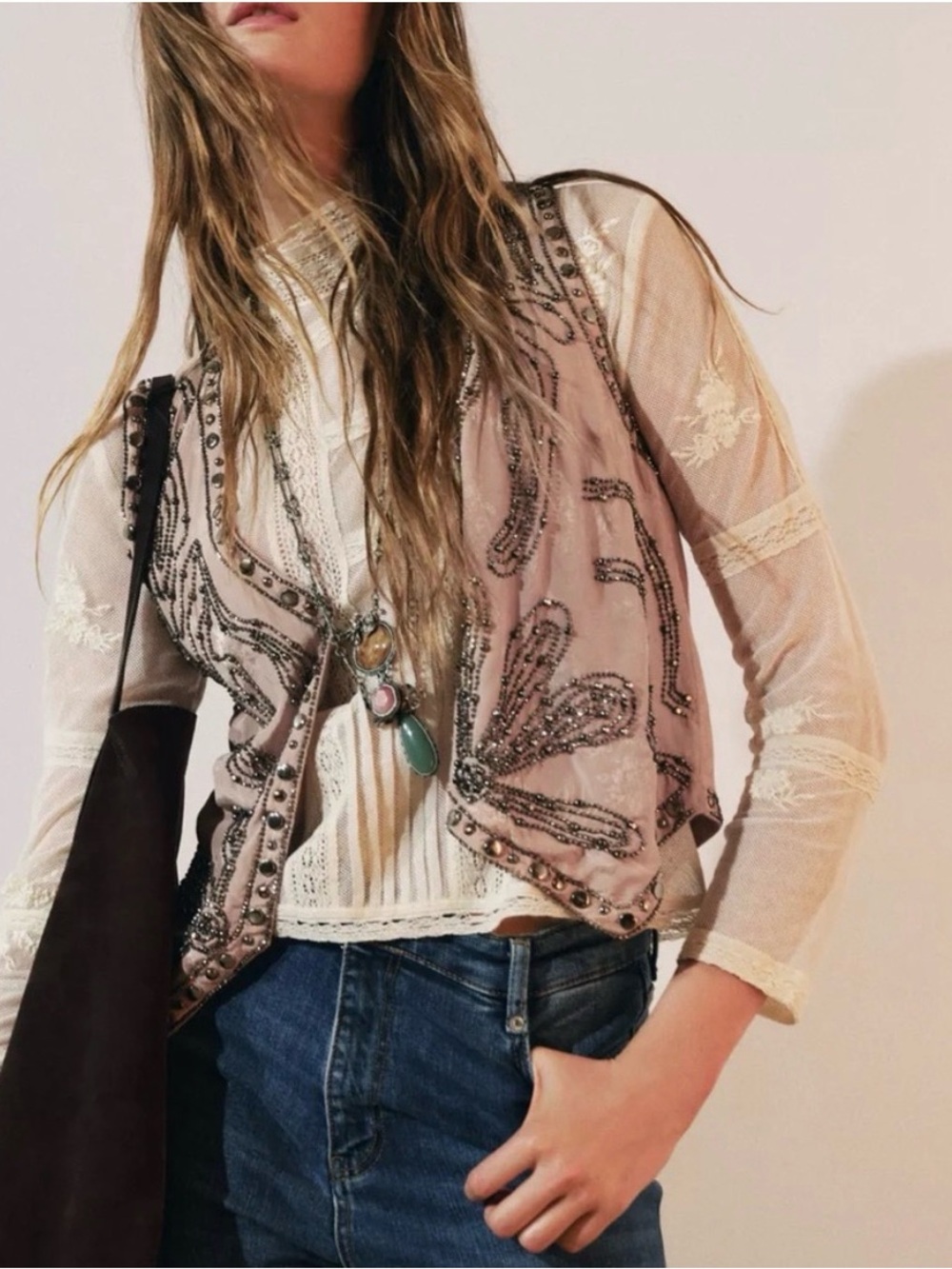 Zara Blush Pink Beaded Vest Over Sheer White Lace Top